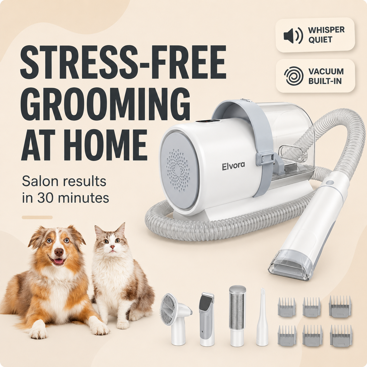 Elvora GroomVac Pro™ – 5-in-1 Pet Grooming Vacuum Kit 🐾✨