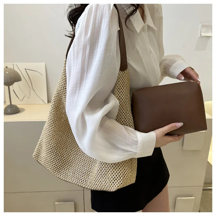 Casual Beach Summer Popular Woven Mother-in-law Bag 2026 Fashionable One-shoulder Seaside Travel Beach Straw Bag Women Handbags